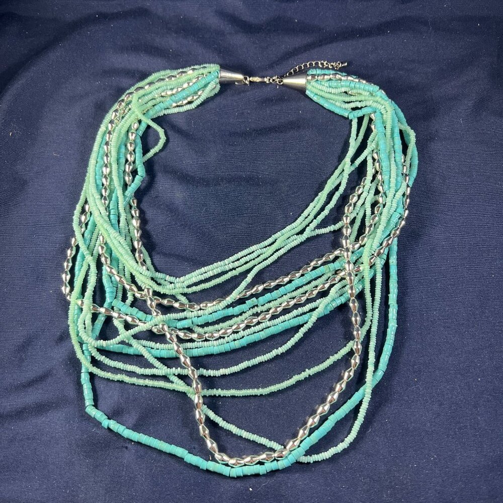 Cookie Lee Multistrand Turquoise & Silver Beaded Necklace With Lobster Clasp